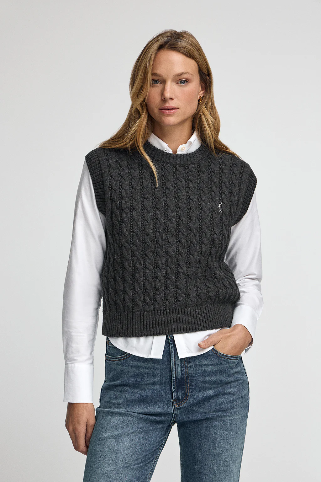 Dark-grey-marl cable-knit vest Polo Club