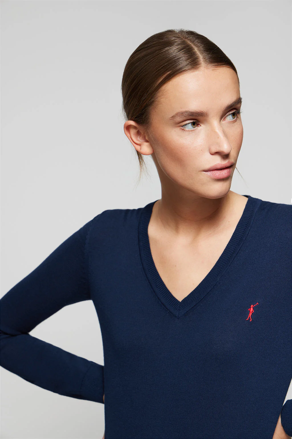 Navy-blue V-neck basic knit jumper with Rigby Go logo - Image 3