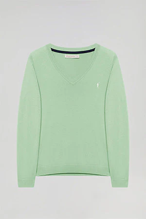 Light-green V-neck basic knit jumper with Rigby Go logo - Image 11