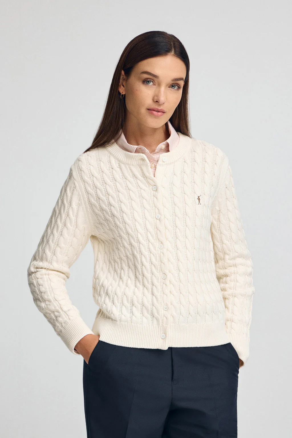Nude cable-knit cardigan with Rigby Go embroidery