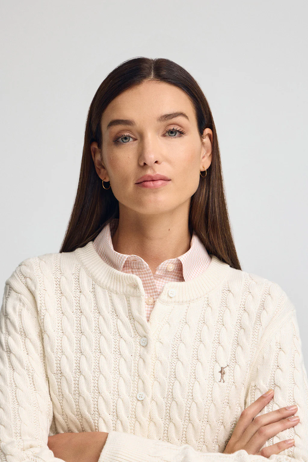 Nude cable-knit cardigan with Rigby Go embroidery - Image 2
