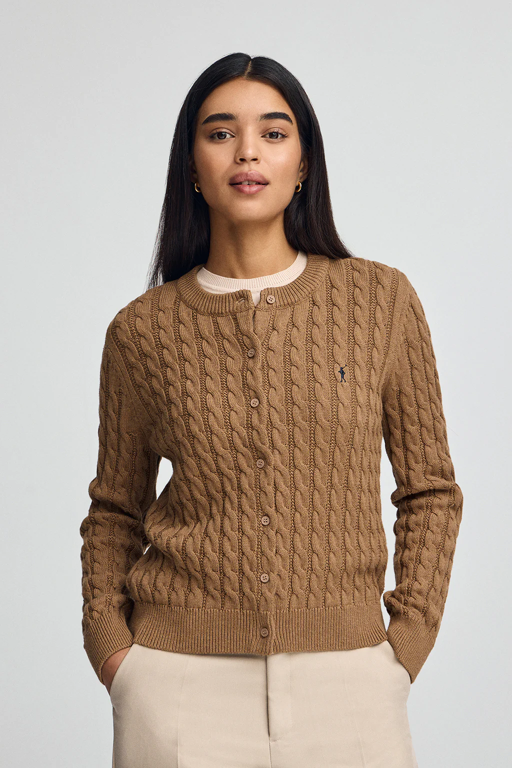 Camel-marl cable-knit cardigan with Rigby Go embroidery