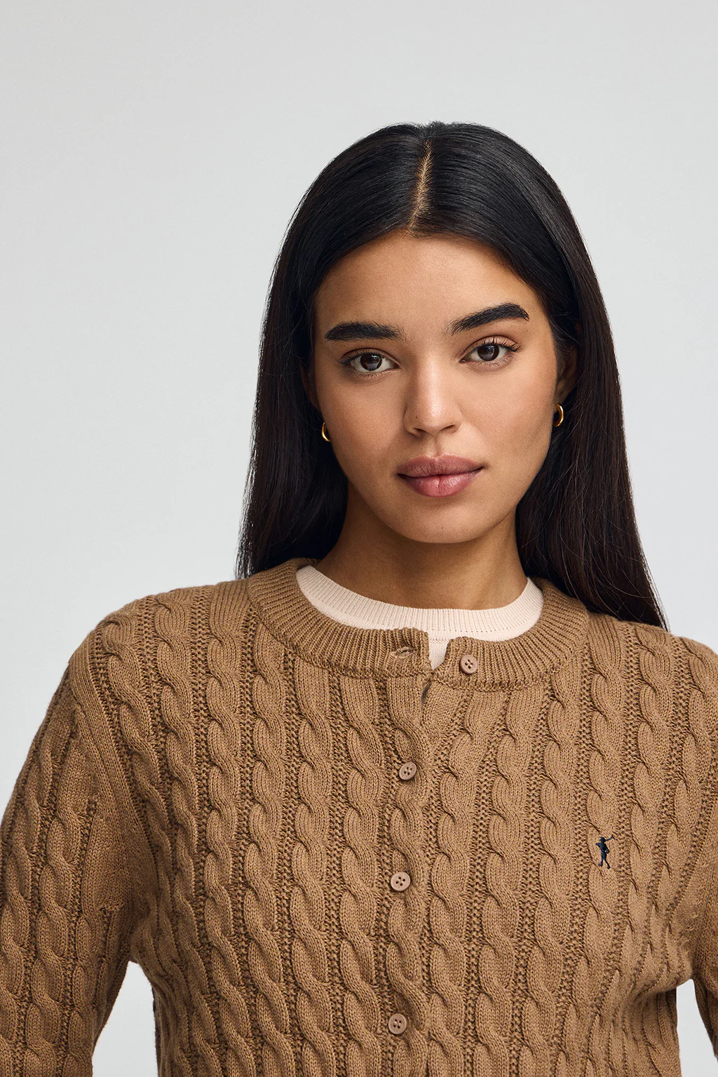 Camel-marl cable-knit cardigan with Rigby Go embroidery - Image 2