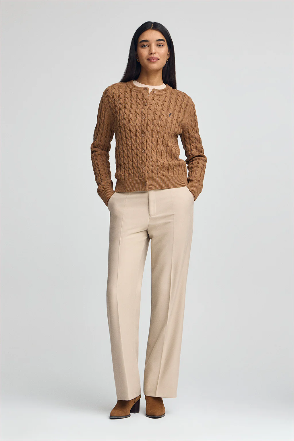 Camel-marl cable-knit cardigan with Rigby Go embroidery - Image 3