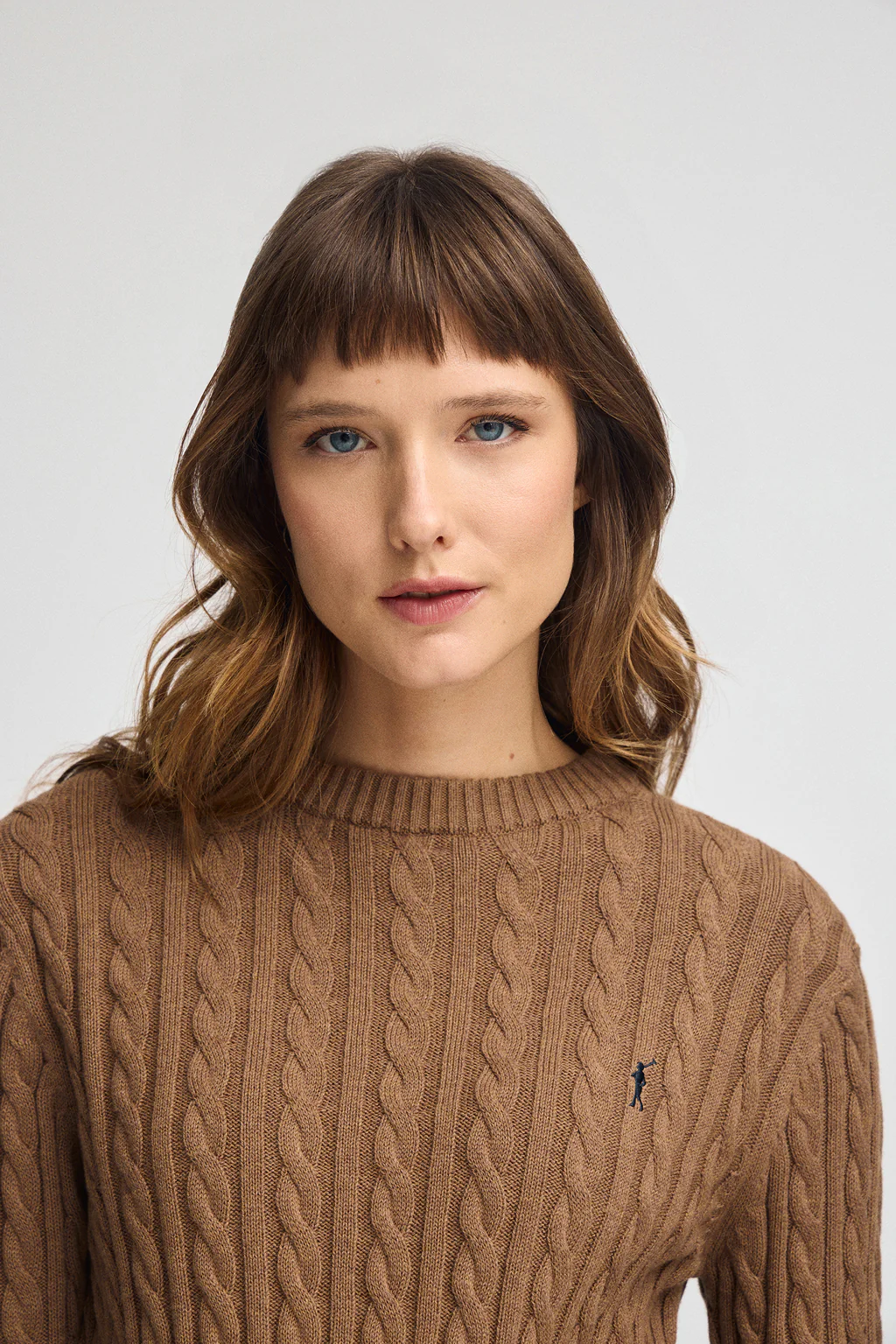 Camel-marl round-neck wool-blend jumper with Rigby Go embroidery