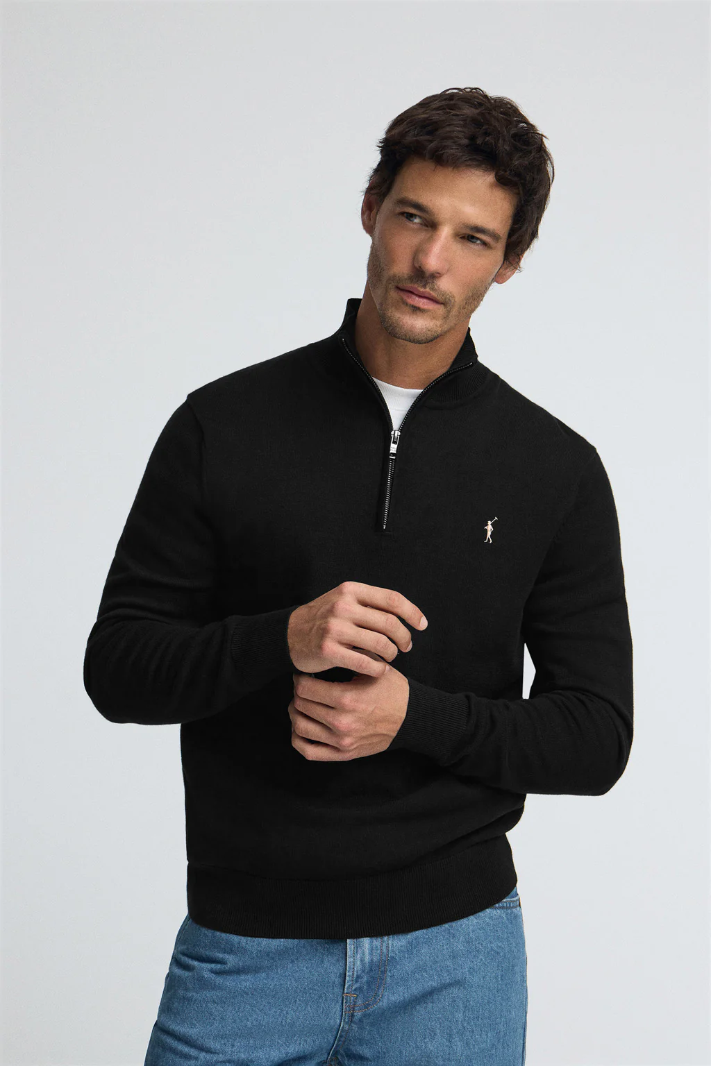Black half-zip-neck cotton jumper with Rigby Go embroidery