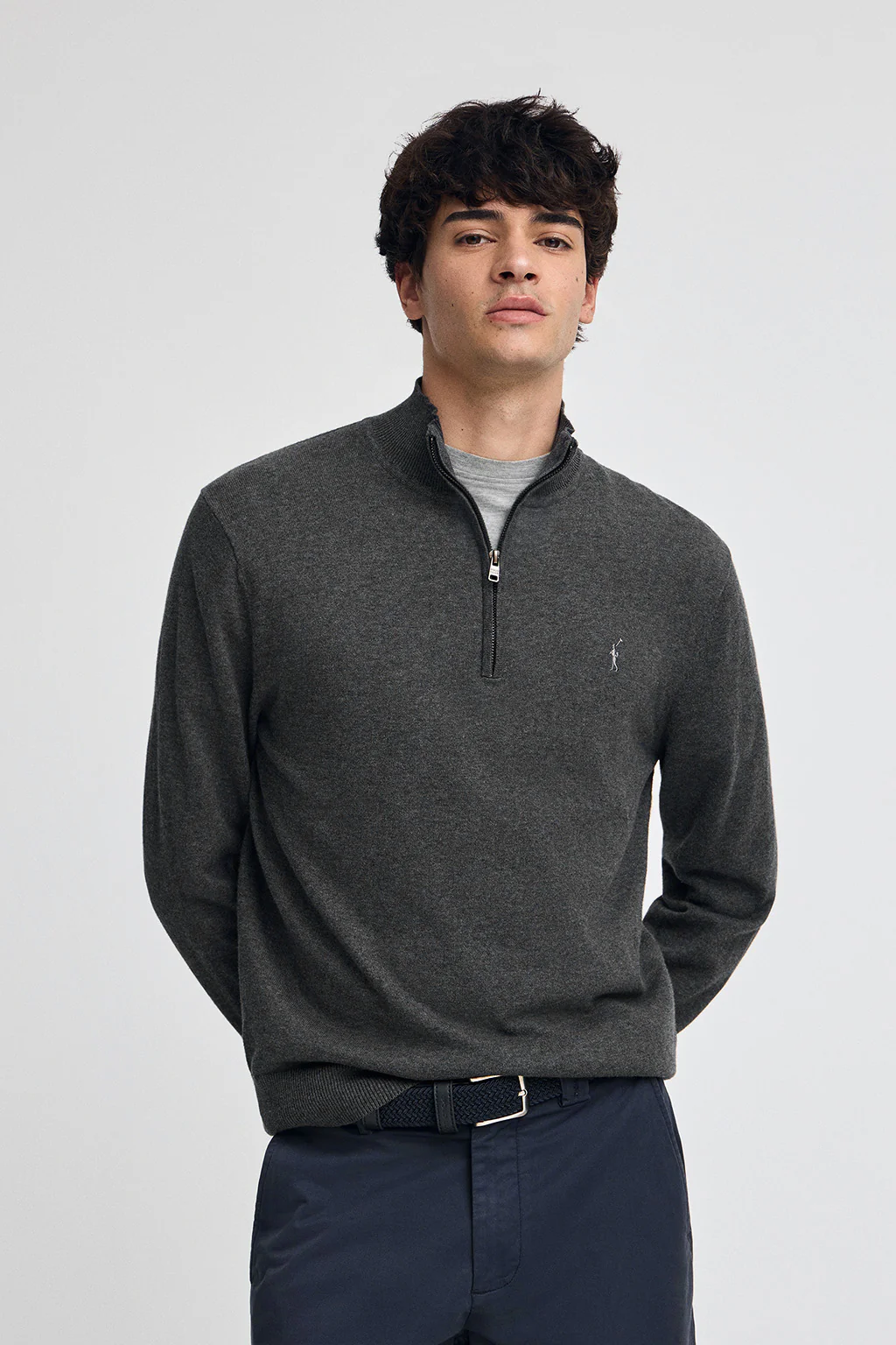 Dark-grey-marl half-zip-neck cotton jumper with Rigby Go embroidery