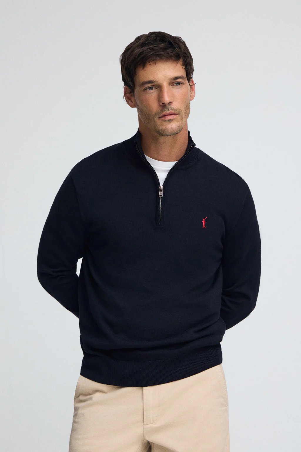 Navy-blue half-zip-neck cotton jumper with Rigby Go embroidery
