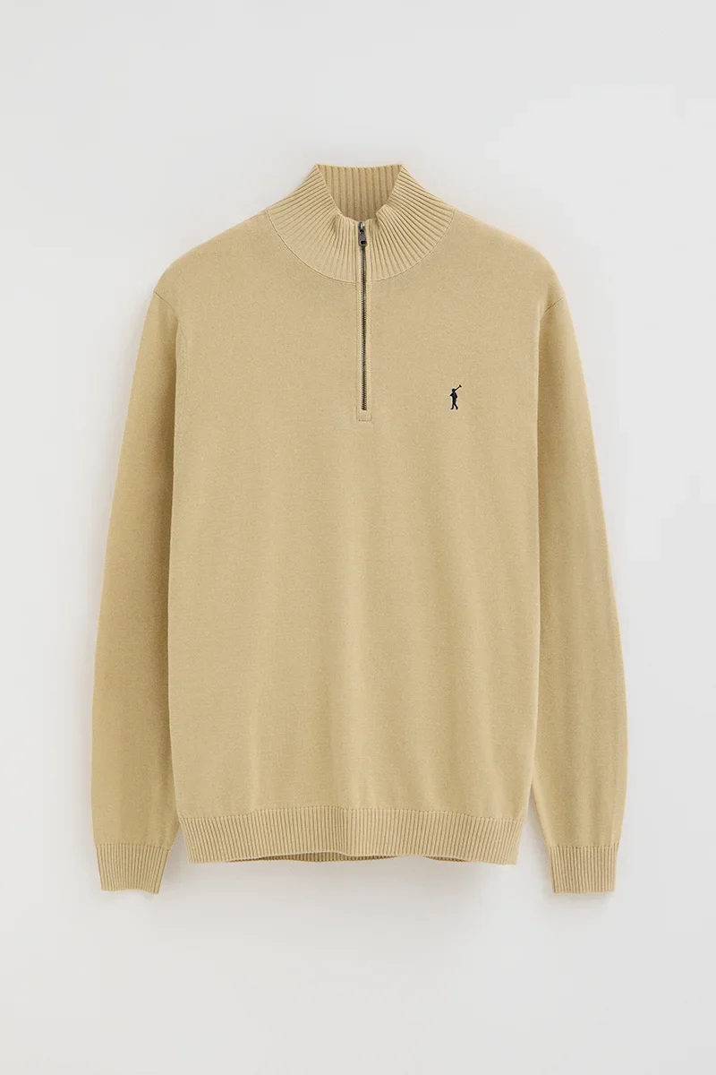 Beige zipped-neck jumper with Rigby Go logo - Image 6