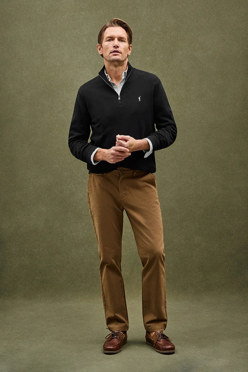 Black zipped-neck jumper with Rigby Go logo