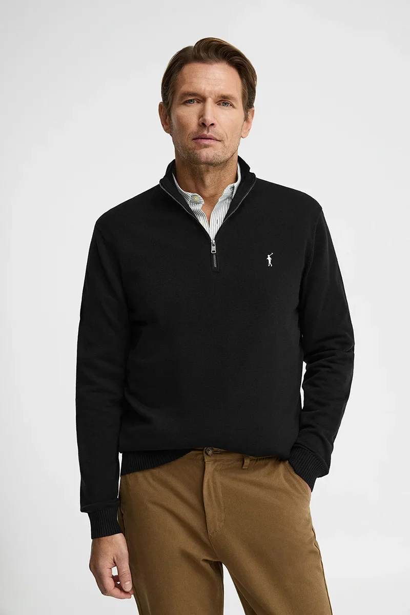 Black zipped-neck jumper with Rigby Go logo - Image 2