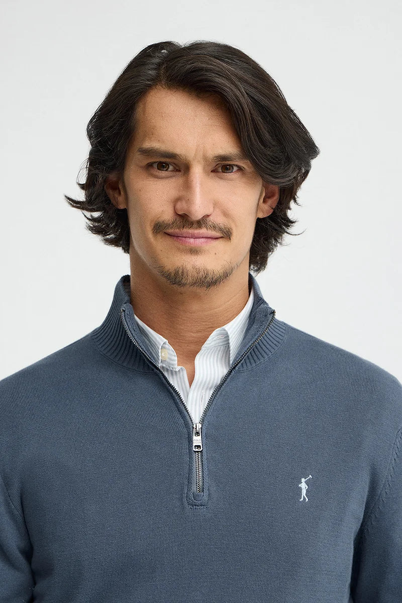 Denim-blue zipped-neck jumper with Rigby Go logo - Image 2