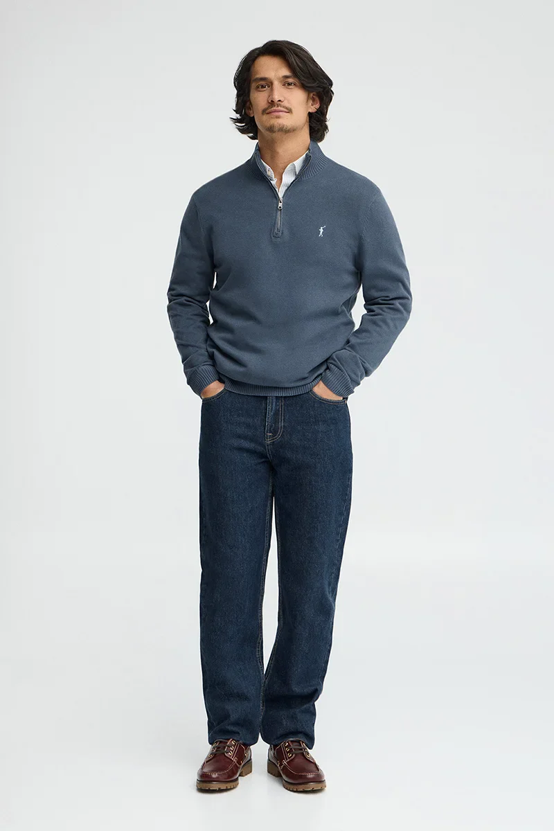 Denim-blue zipped-neck jumper with Rigby Go logo - Image 3