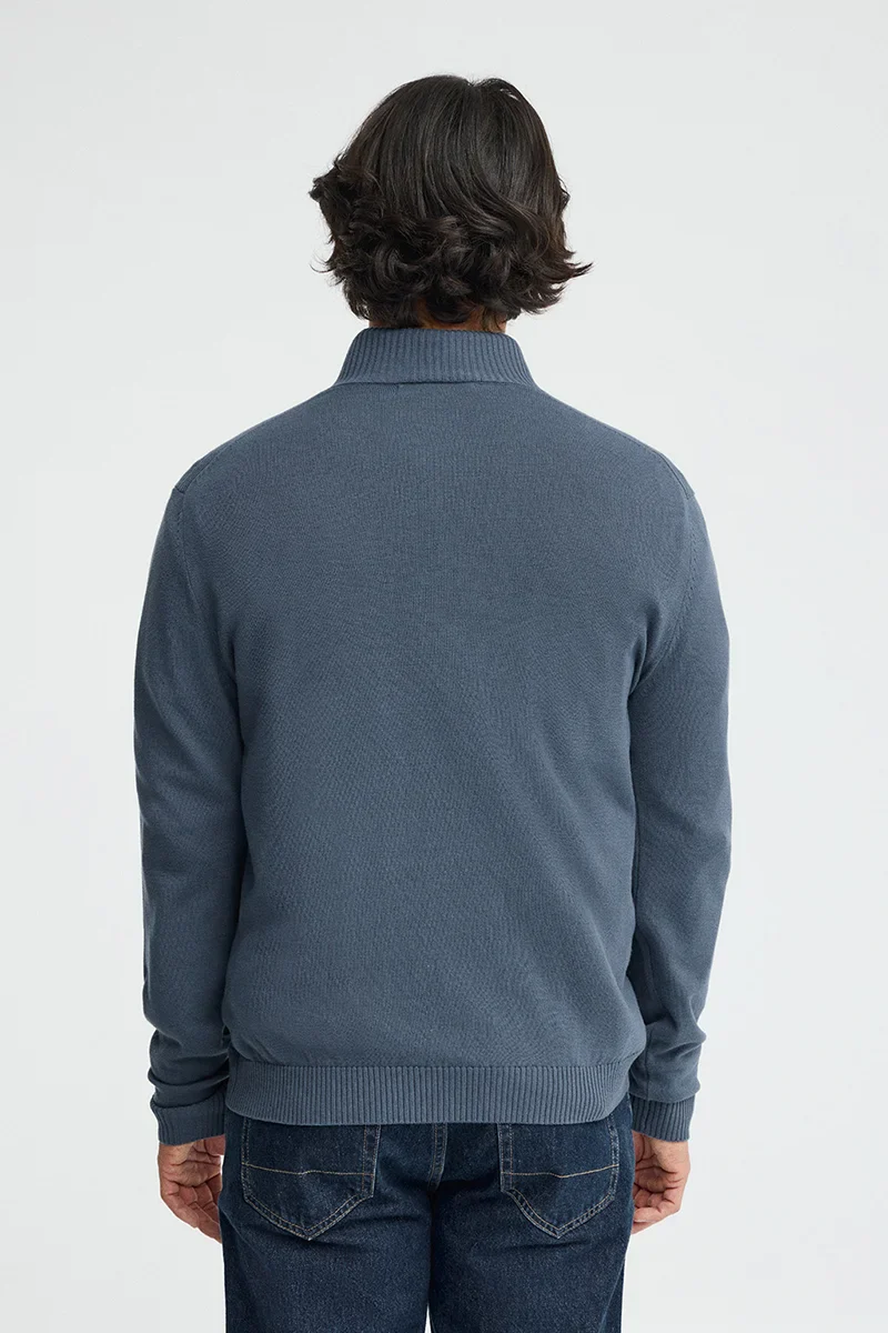 Denim-blue zipped-neck jumper with Rigby Go logo - Image 4