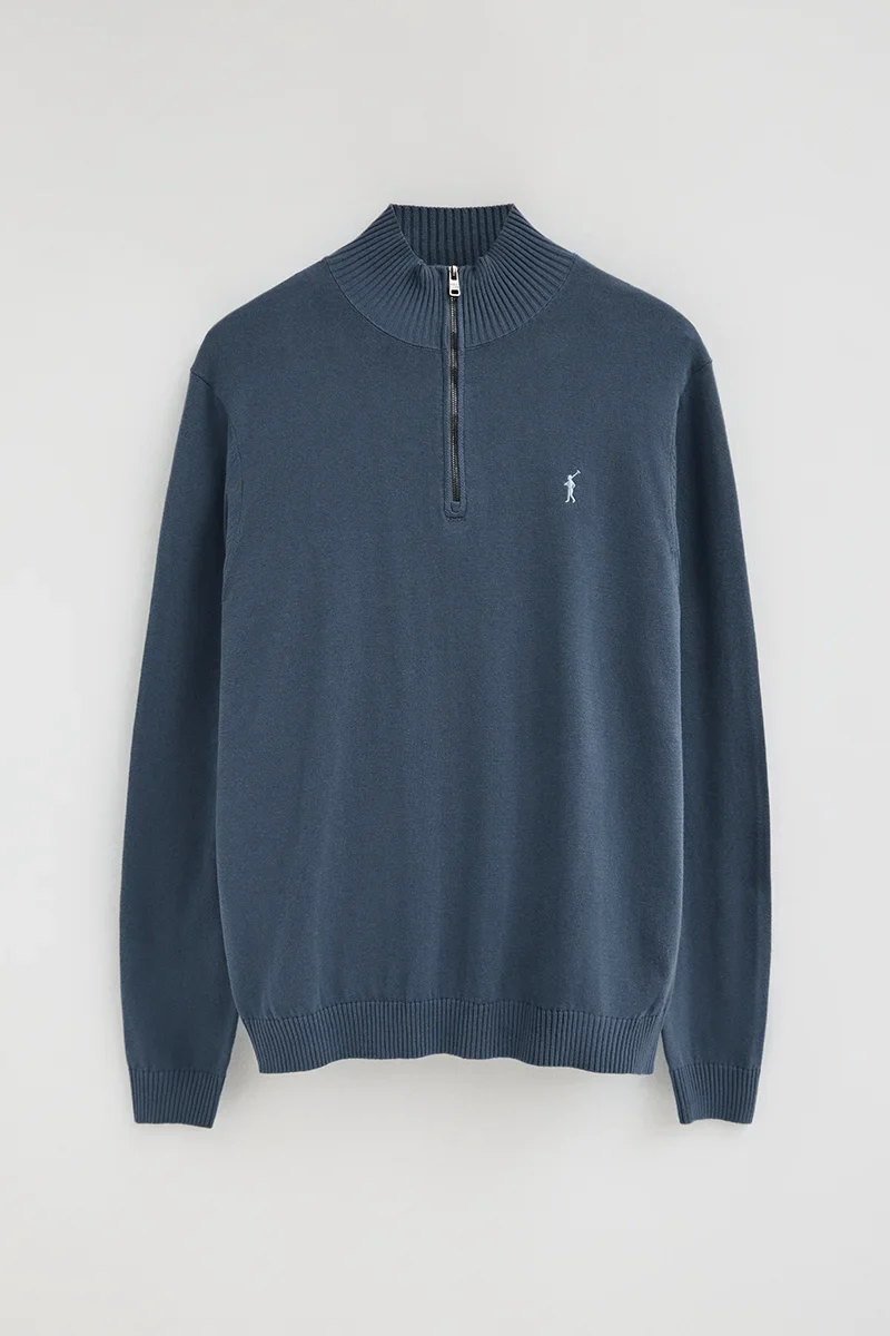 Denim-blue zipped-neck jumper with Rigby Go logo - Image 5