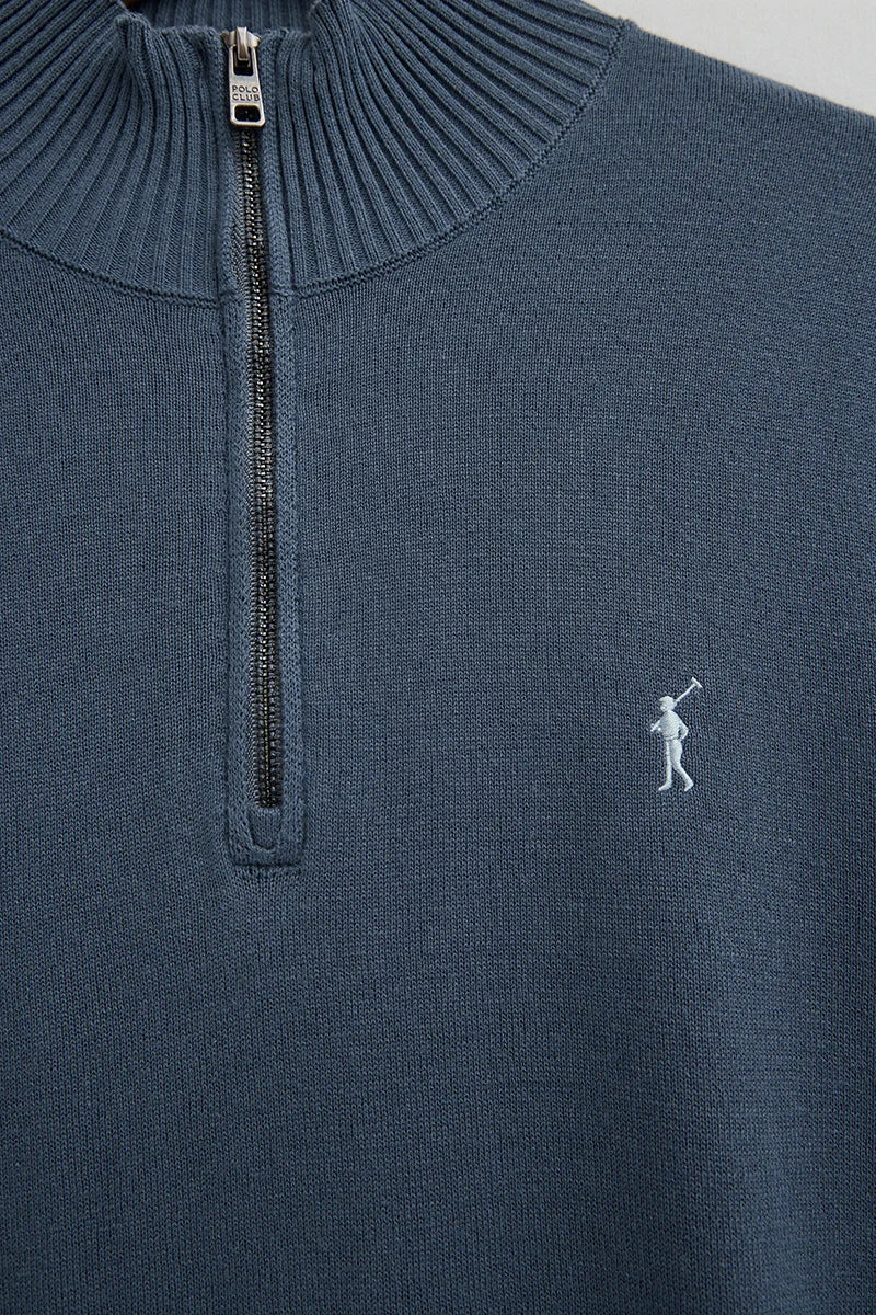 Denim-blue zipped-neck jumper with Rigby Go logo - Image 6