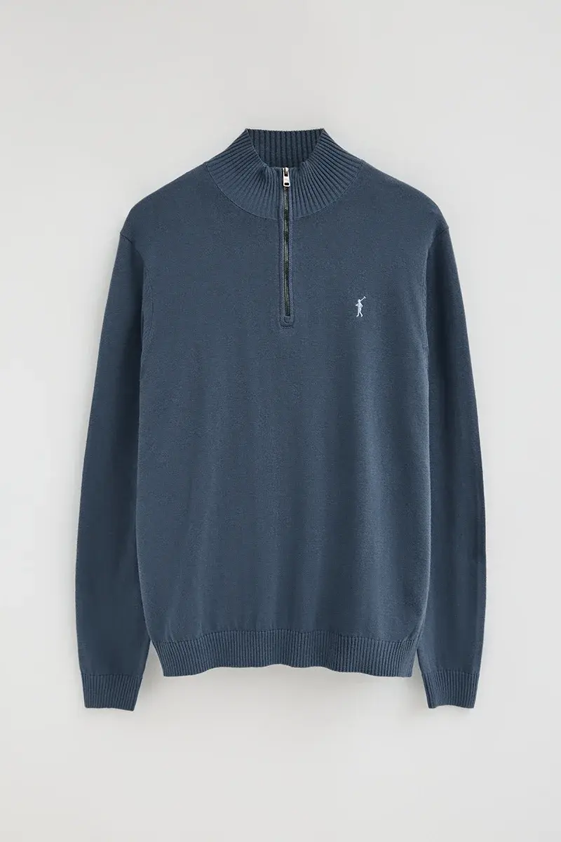 Denim-blue zipped-neck jumper with Rigby Go logo - Image 8