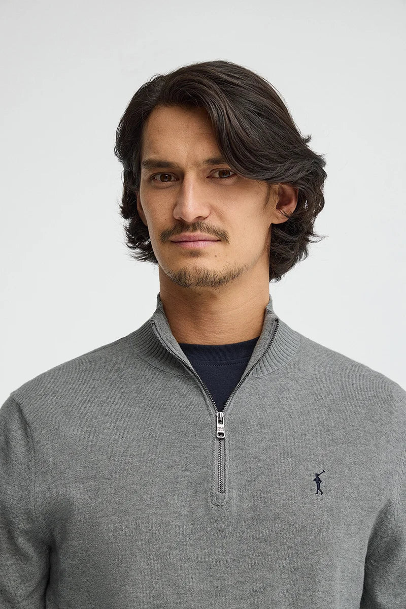 Grey-marl zipped-neck jumper with Rigby Go logo - Image 3