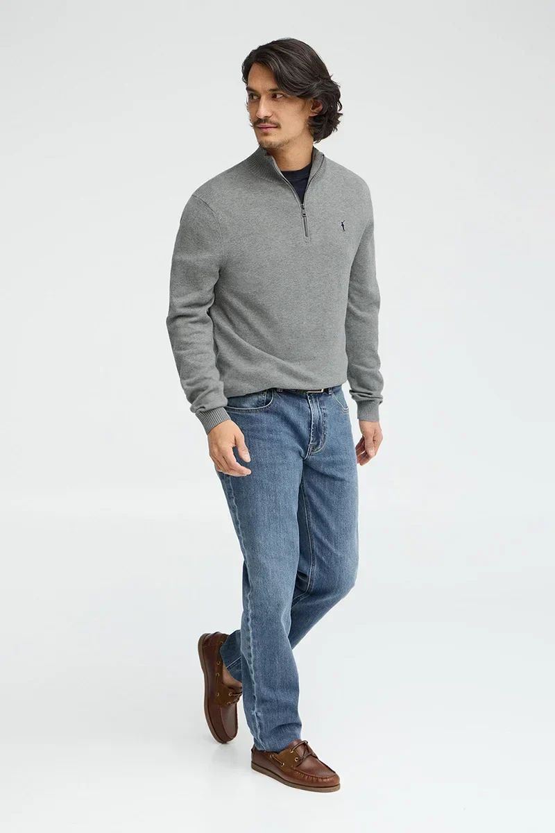 Grey-marl zipped-neck jumper with Rigby Go logo - Image 4