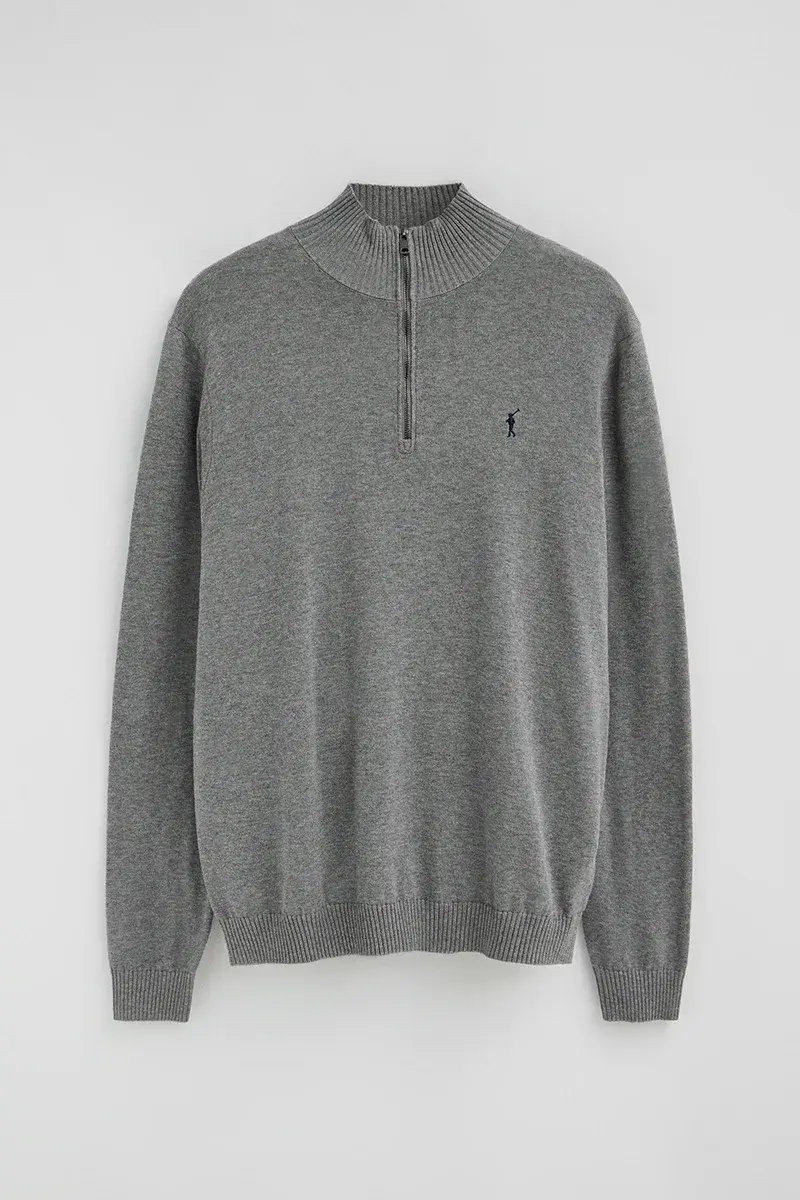 Grey-marl zipped-neck jumper with Rigby Go logo - Image 9