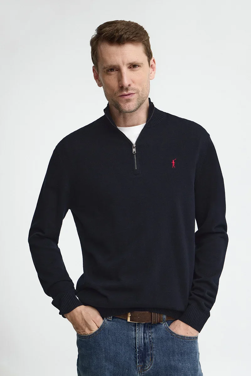 Navy-blue zipped-neck jumper with Rigby Go logo