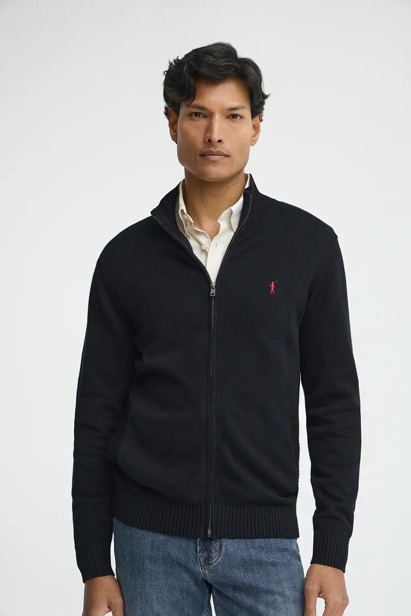 Navy-blue zip-up cardigan with Rigby Go logo