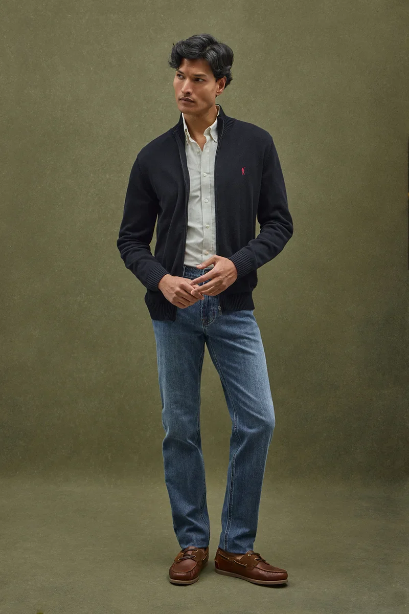 Navy-blue zip-up cardigan with Rigby Go logo - Image 2