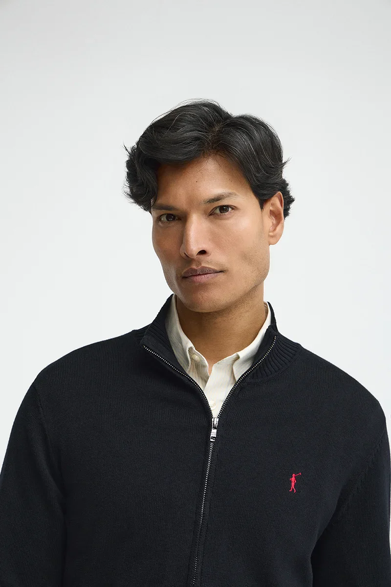 Navy-blue zip-up cardigan with Rigby Go logo - Image 3