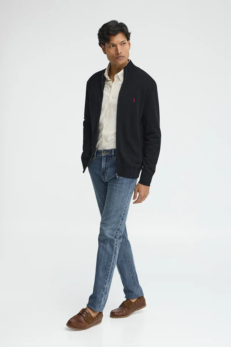 Navy-blue zip-up cardigan with Rigby Go logo - Image 4