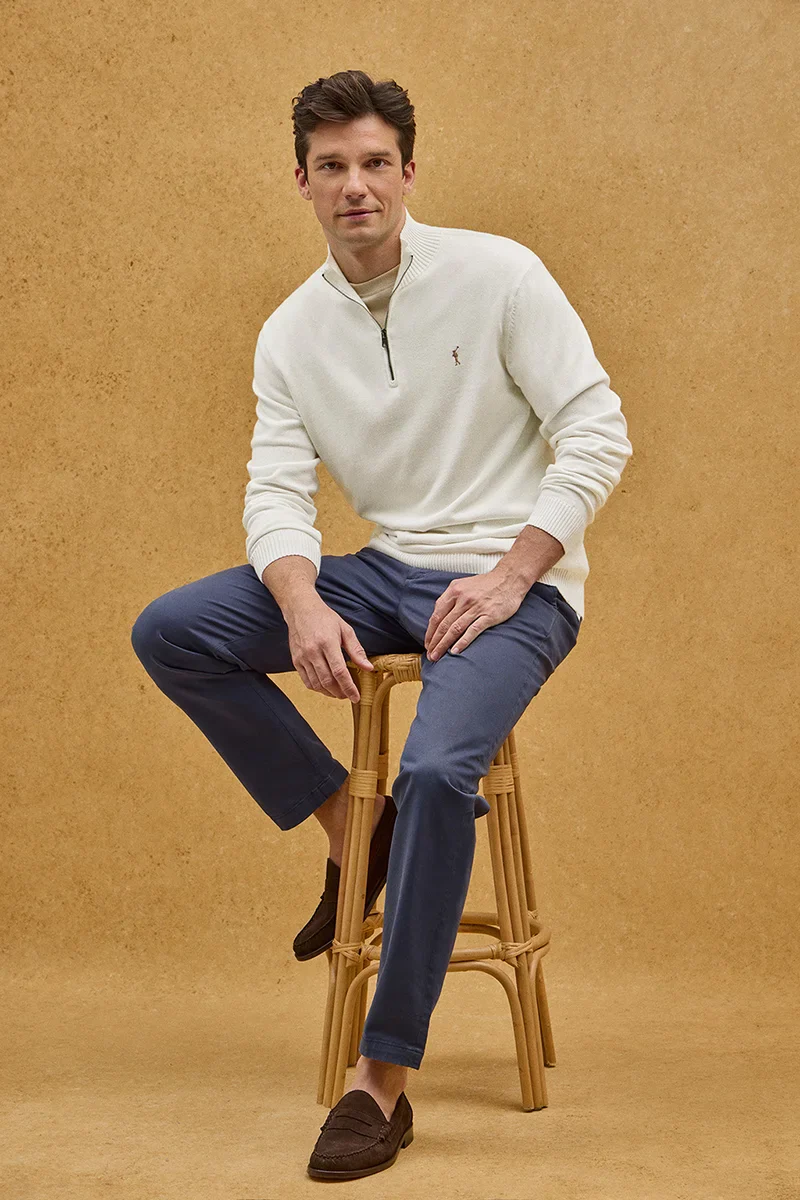 Nude zipped-neck jumper with Rigby Go logo