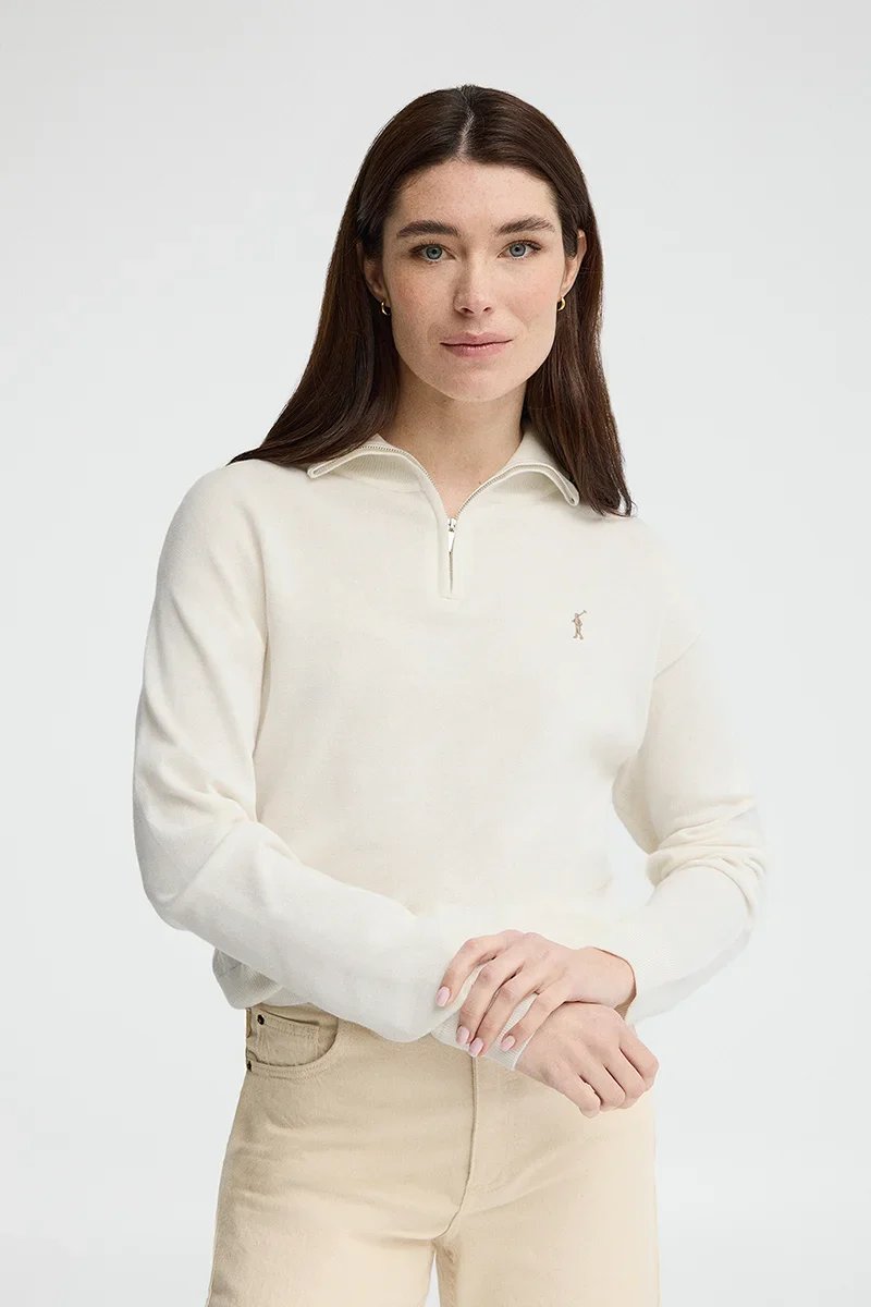 Nude zipped-neck jumper with Rigby Go embroidery