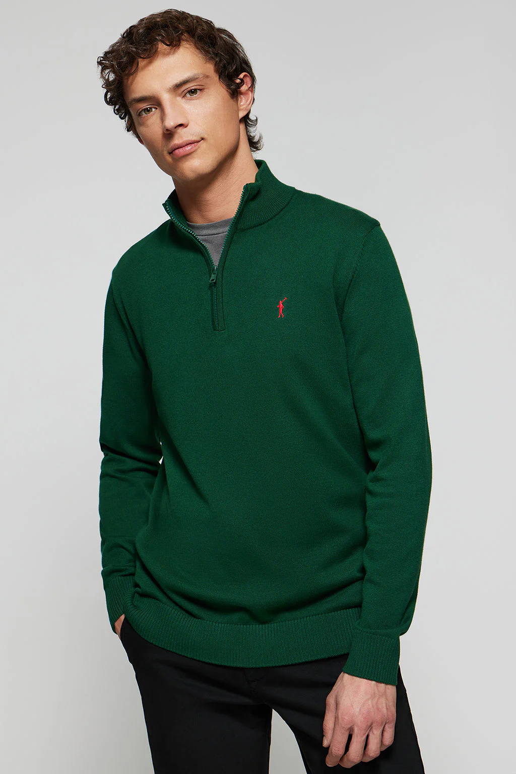 Bottle-green high-neck knit jumper with zip and Rigby Go logo