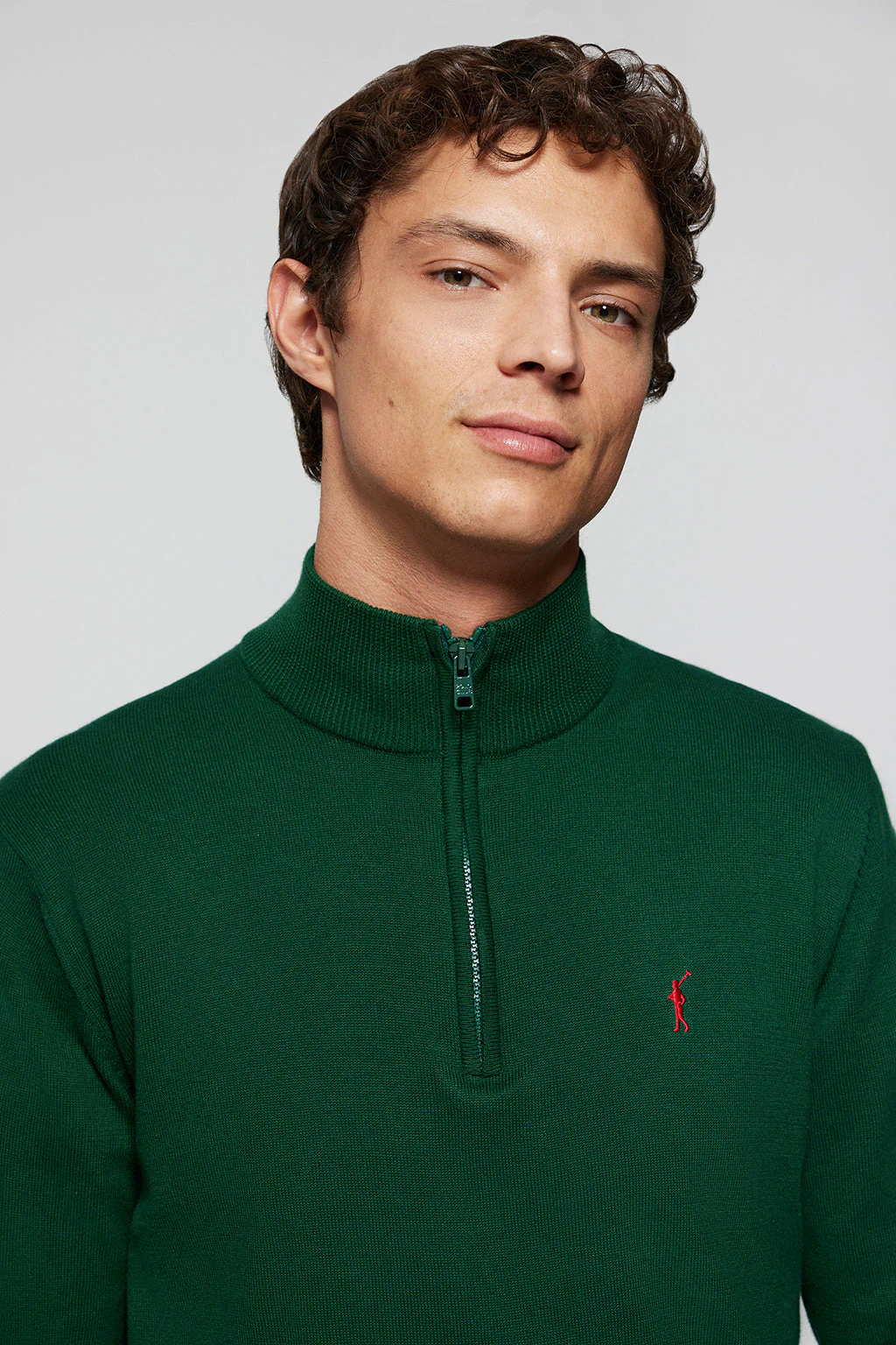Bottle-green high-neck knit jumper with zip and Rigby Go logo - Image 2