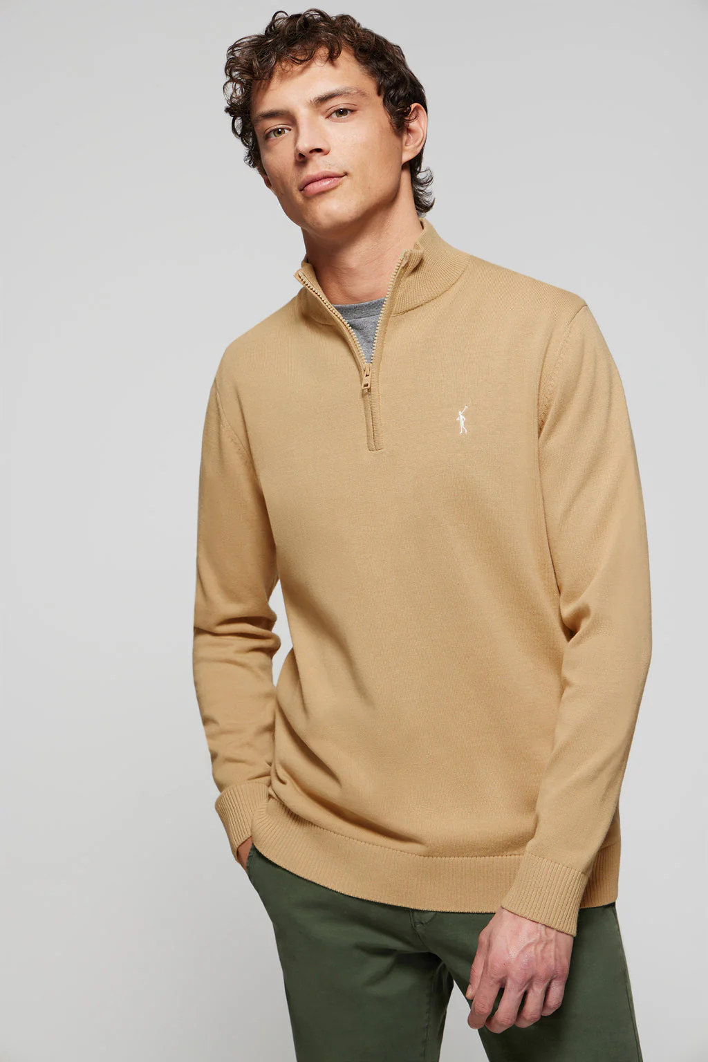 Camel high-neck knit jumper with zip and Rigby Go logo
