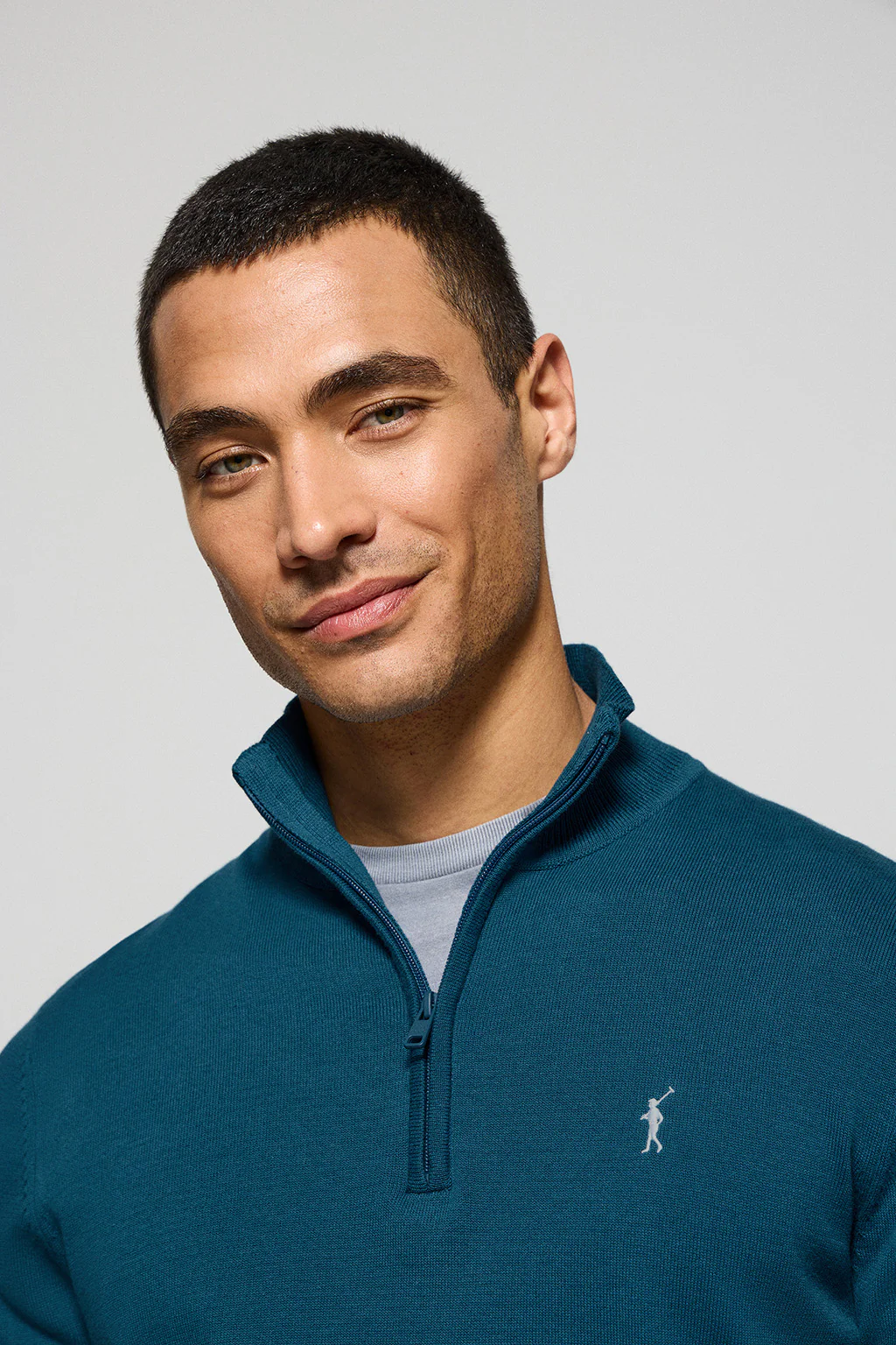 Greenish-blue knit jumper with zip and Rigby Go embroidered logo - Image 3