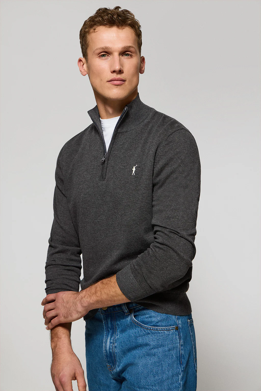 Dark-grey-marl knit jumper with zip and Rigby Go embroidered logo