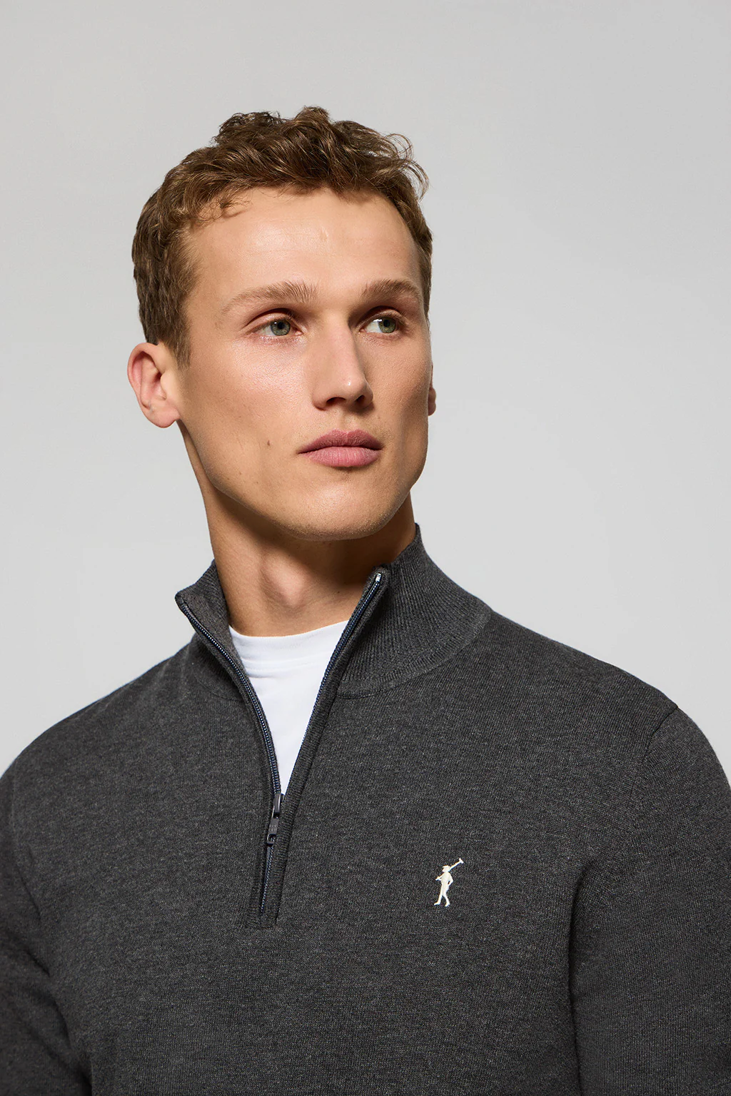 Dark-grey-marl knit jumper with zip and Rigby Go embroidered logo - Image 3