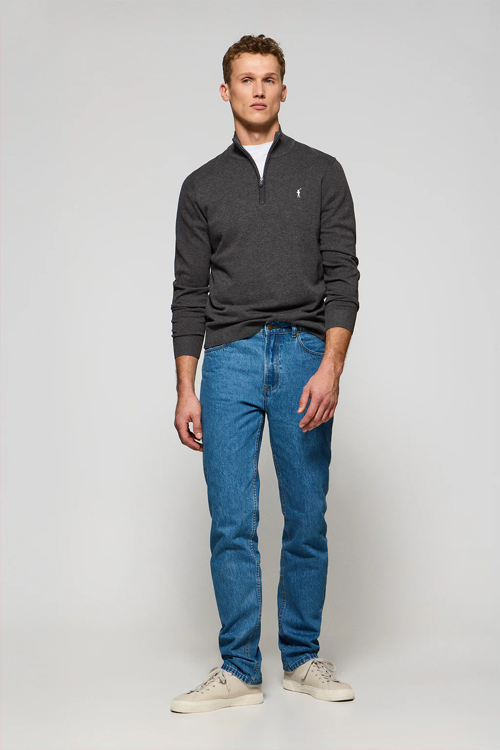 Dark-grey-marl knit jumper with zip and Rigby Go embroidered logo - Image 4