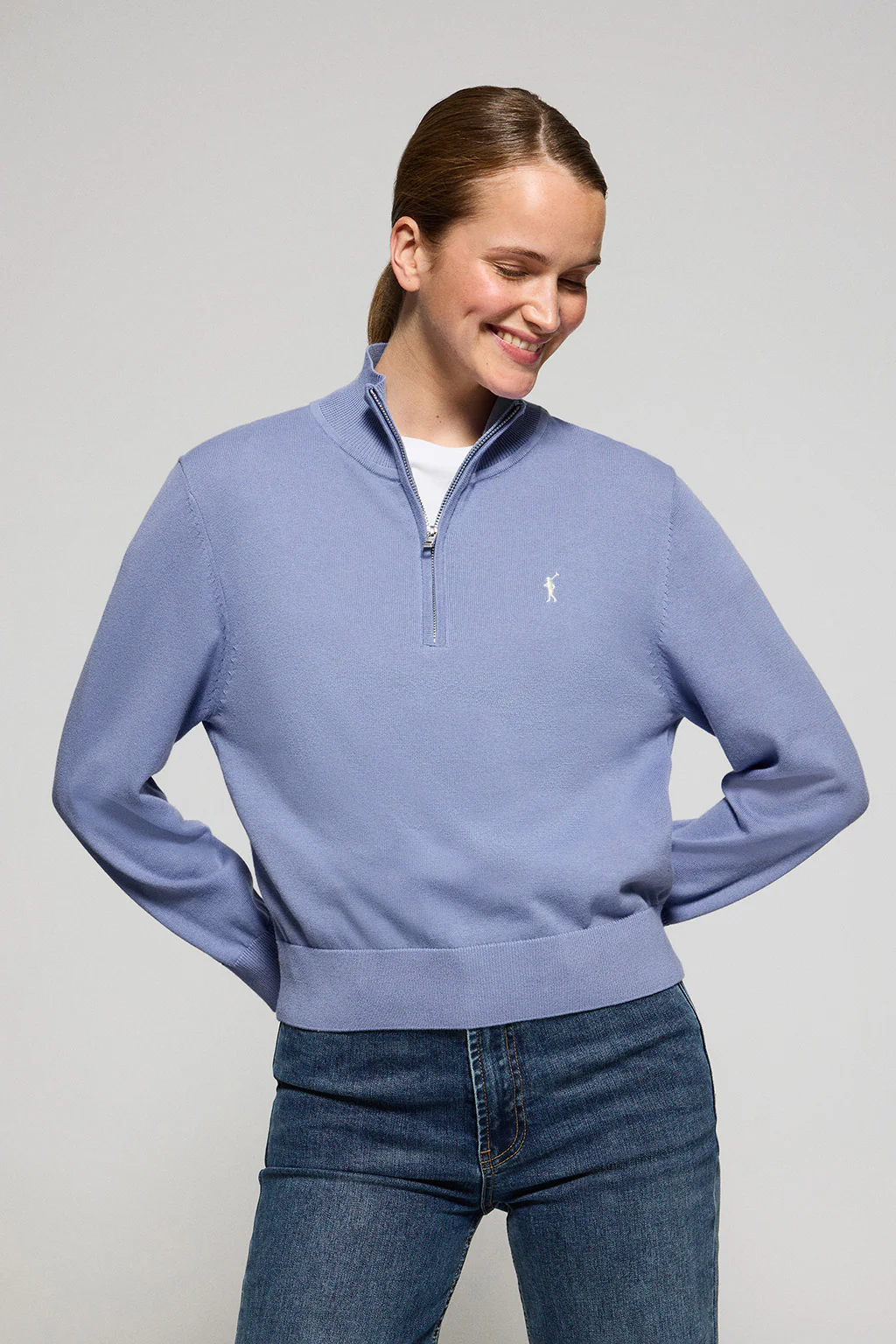 Blue half-zip knit jumper with Rigby Go embroidery