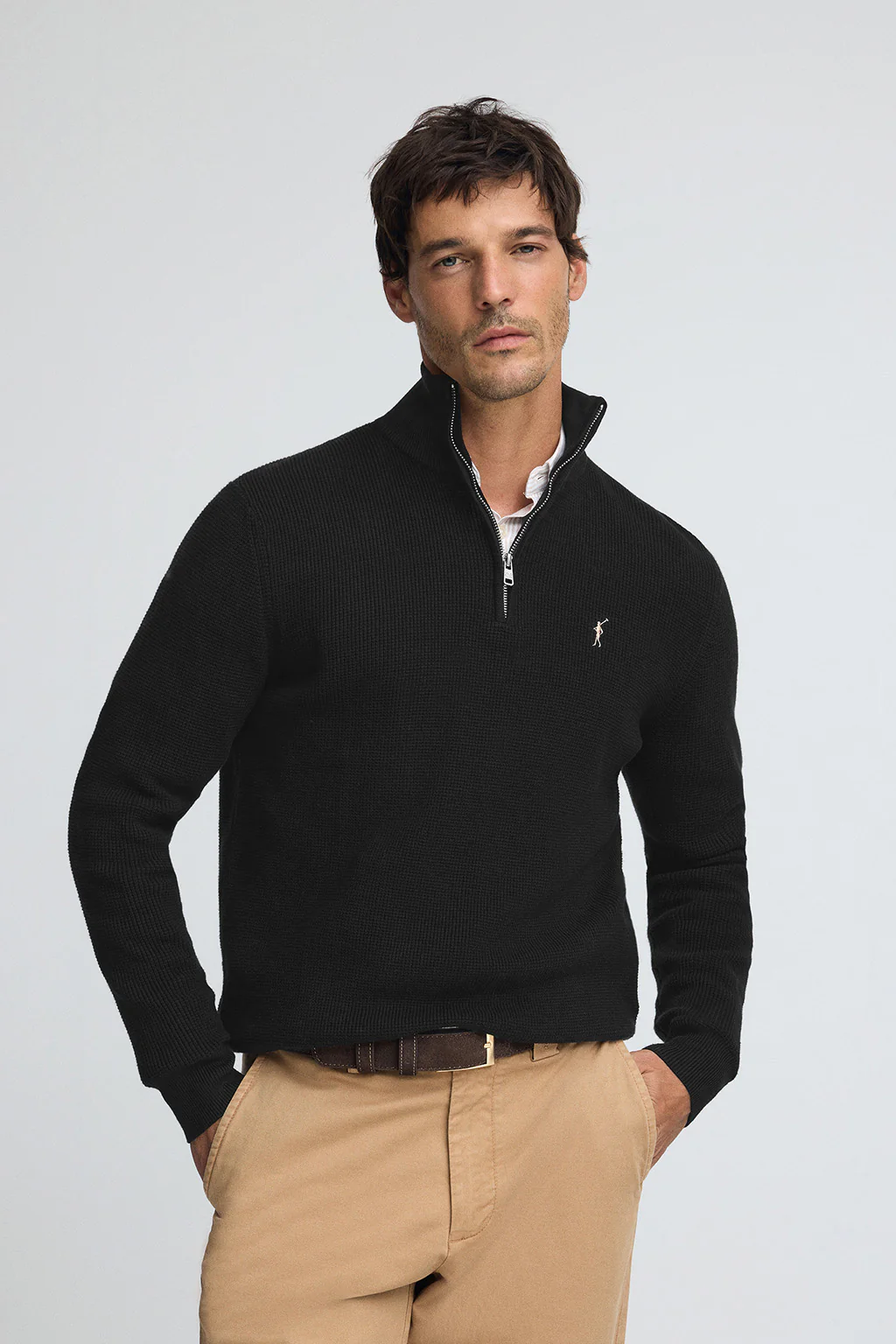 Black waffle-knit jumper with half zip and Rigby Go embroidery