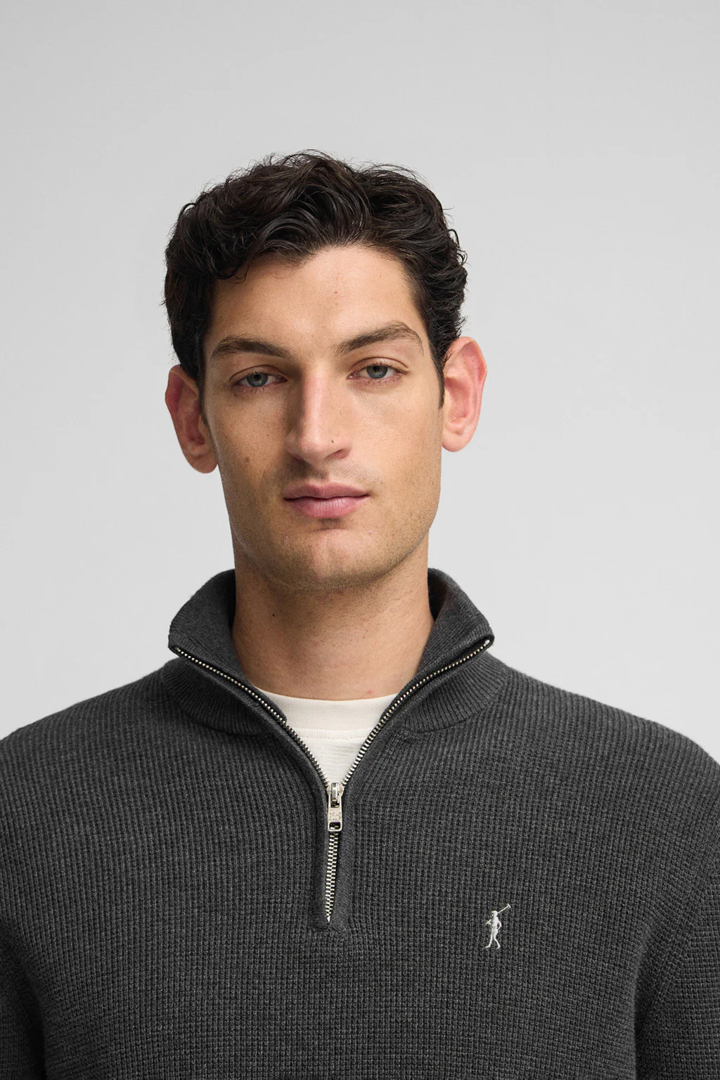 Dark-grey-marl waffle-knit jumper with half zip and Rigby Go embroidery - Image 2