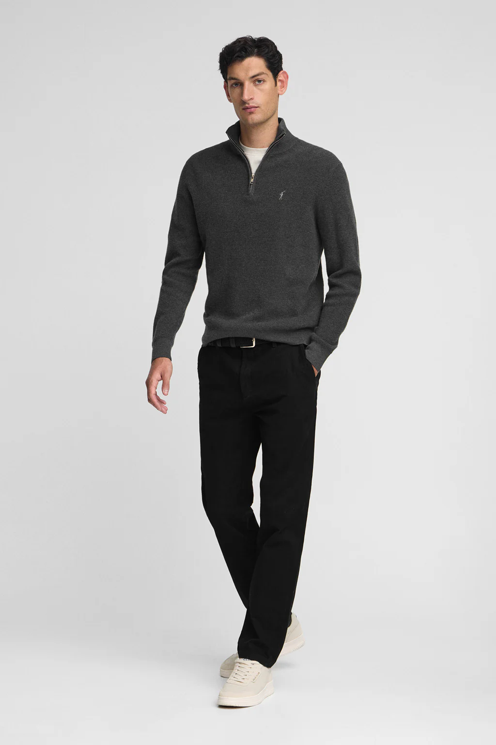 Dark-grey-marl waffle-knit jumper with half zip and Rigby Go embroidery - Image 3