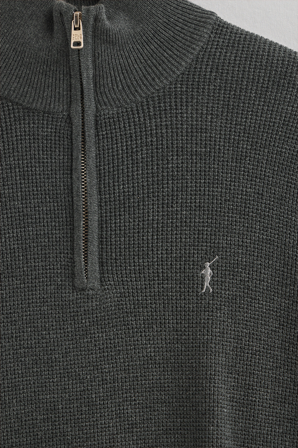 Dark-grey-marl waffle-knit jumper with half zip and Rigby Go embroidery - Image 6