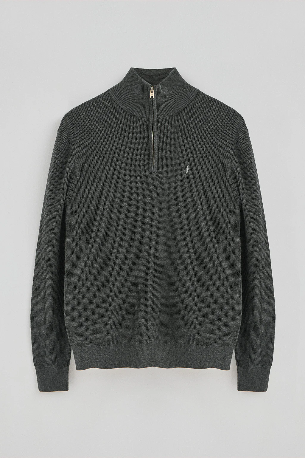 Dark-grey-marl waffle-knit jumper with half zip and Rigby Go embroidery - Image 8