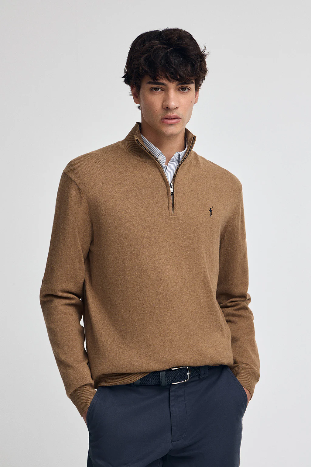 Camel-marl half-zip wool-blend jumper with Rigby Go embroidery