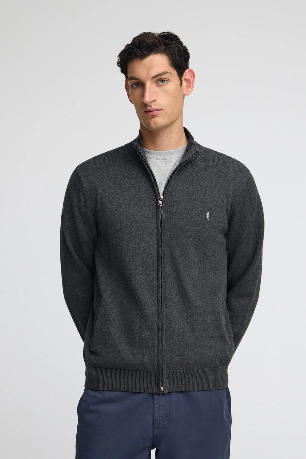Dark-grey-marl wool-blend cardigan with Rigby Go embroidery - Image 2