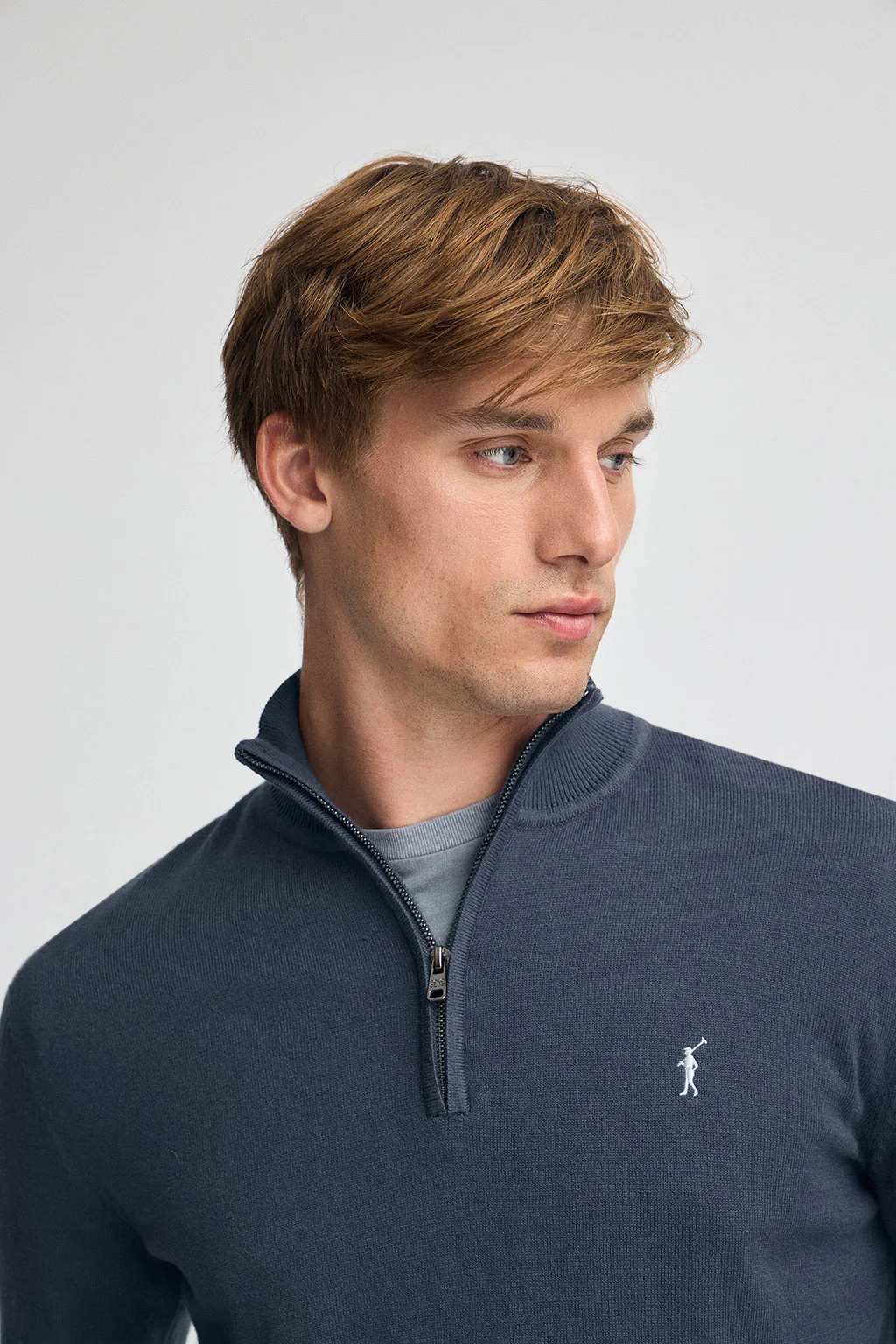 Denim-blue half-zip wool-blend jumper with Rigby Go embroidery