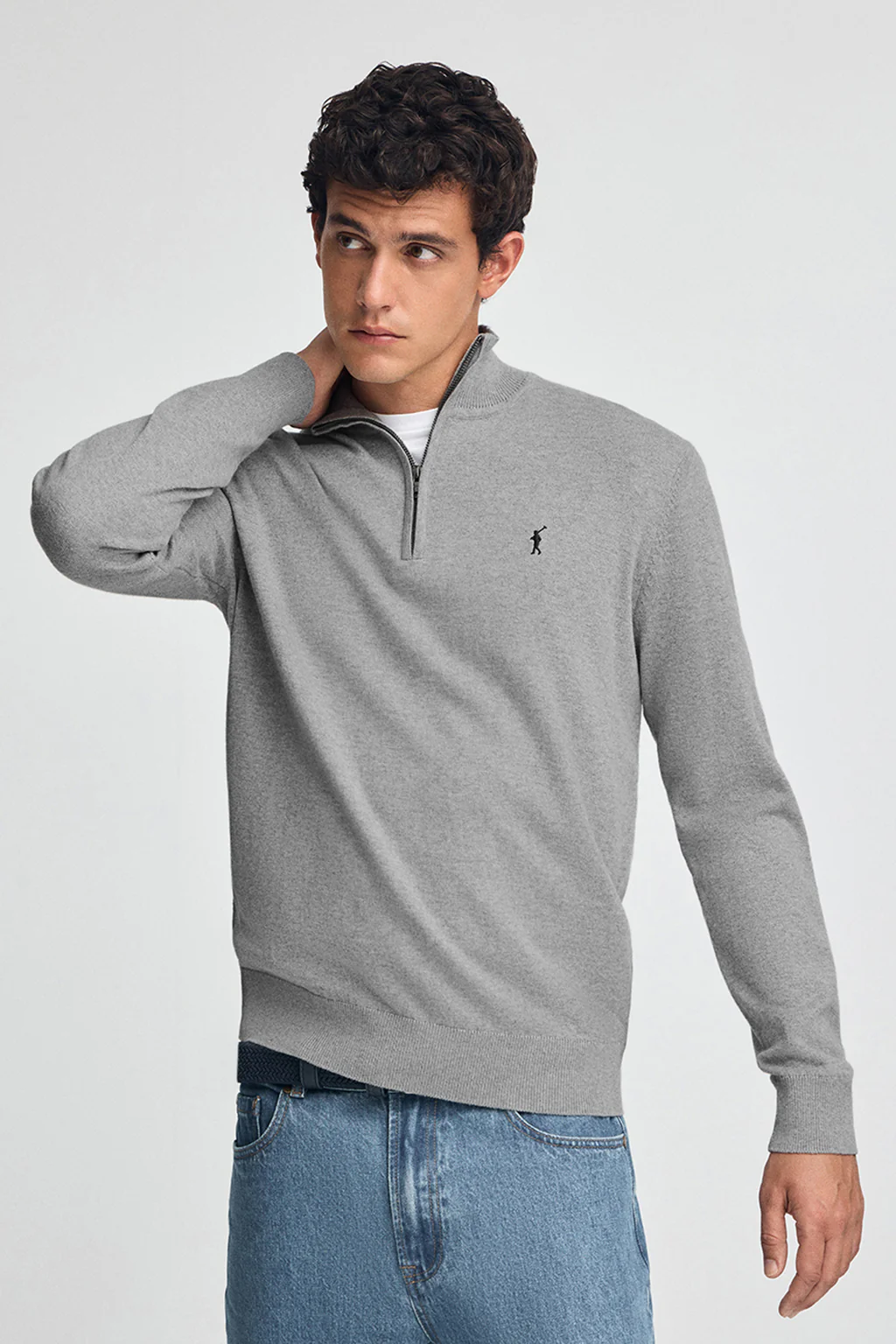 Grey-marl half-zip wool-blend jumper with Rigby Go embroidery