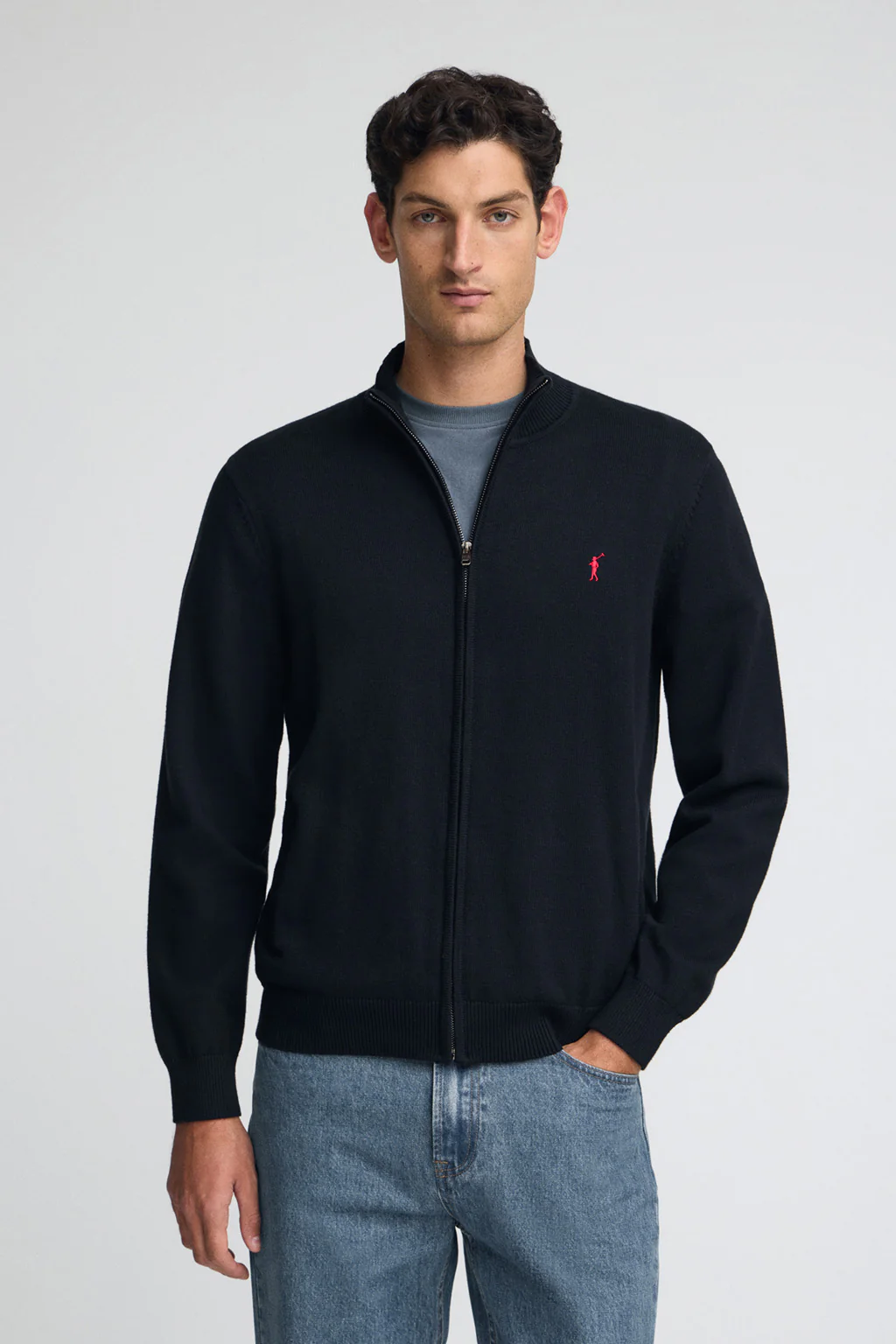 Navy-blue wool-blend cardigan with Rigby Go embroidery