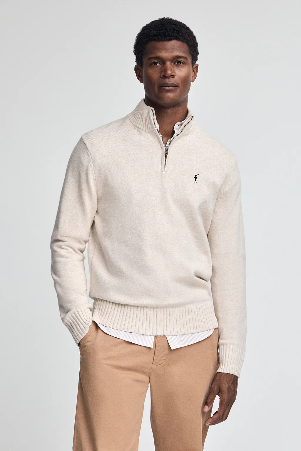 Nude-marl half-zip wool-blend jumper with Rigby Go embroidery